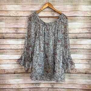 Soft Surroundings Women's Aitana Sage Birds Floral Chiffon Peasant Top Size XL